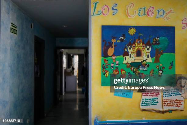 Posters and drawings are seen at Gloria Fuertes Nursery School, on the day of its reopening after the break due to the coronavirus at the town of...