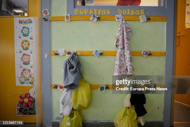 Children bags are seen at Gloria Fuertes Nursery School, on the day of its reopening after the break due to the coronavirus at the town of Arganda...
