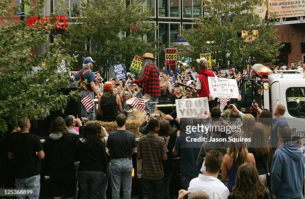 Foo Fighters perform a song directed at protesters from the Westboro Baptist Church on the Streets of Kansas City on September 16, 2011 in Kansas...