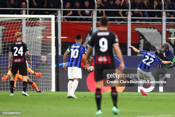 Henrikh Mkhitaryan of FC Internazionale scores a goal to make the score 0-2 during the UEFA Champions League semi-final first leg match between AC...