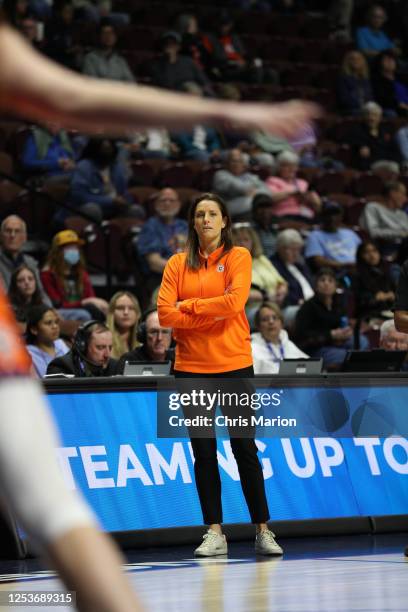 Head Coach Stephanie White of the Connecticut Sun looks on during the game during the preseason game on May 10, 2023 at the Mohegan Sun Arena in...