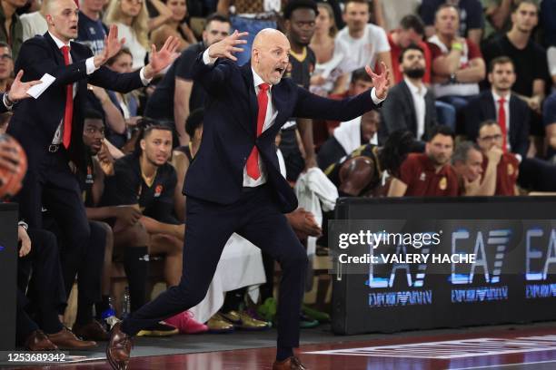 Monaco's Serbian headcoach Sasa Obradovic reacts during the Euroleague quarter final basketball match 5 between AS Monaco and Maccabi Tel Aviv at the...