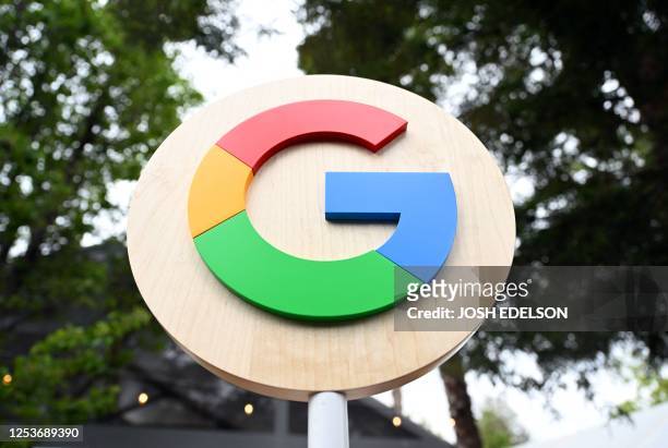 The Google logo is seen during the Google I/O annual developers conference at Shoreline Amphitheatre in Mountain View, California on May 10, 2023.