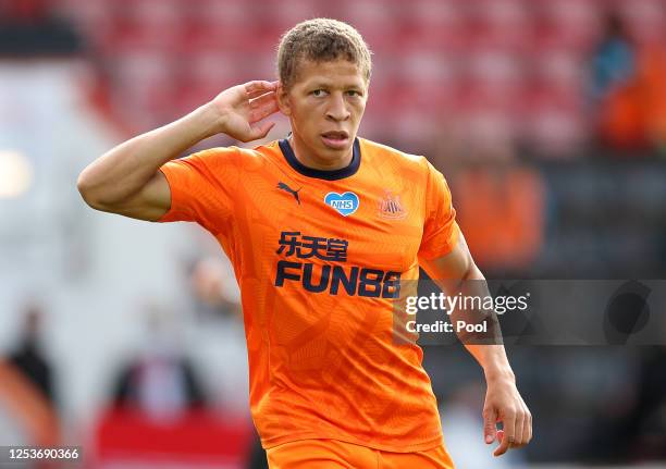 Dwight Gayle of Newcastle United celebrates after scoring his team's first goal during the Premier League match between AFC Bournemouth and Newcastle...