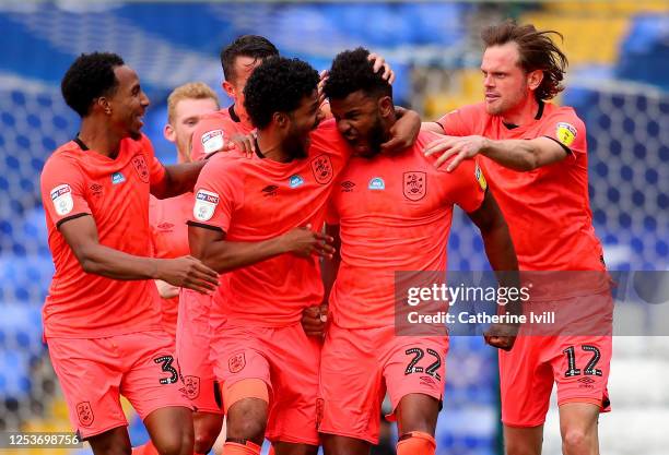 Fraizer Campbell of Huddersfield Town is congratulated after scoring during the Sky Bet Championship match between Birmingham City and Huddersfield...