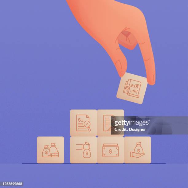 hand holding wooden cubes with finance icons concept. - mutual fund stock illustrations