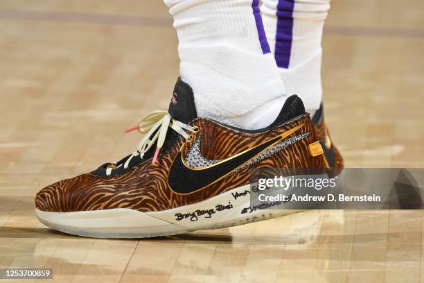 The sneakers worn by LeBron James of the Los Angeles Lakers during Game Three of the Western Conference Semi-Finals of the 2023 NBA Playoffs against...