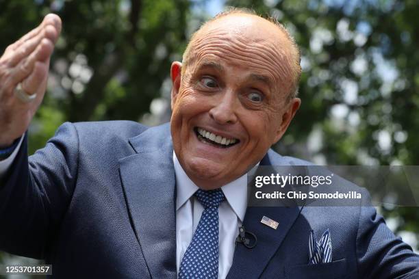 President Donald Trump's lawyer and former New York City Mayor Rudy Giuliani talks to journalists outside the White House West Wing July 01, 2020 in...