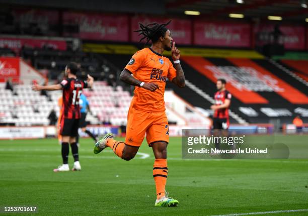 Valentino Lazaro of Newcastle United celebrates after scoring his team's fourth goal during the Premier League match between AFC Bournemouth and...