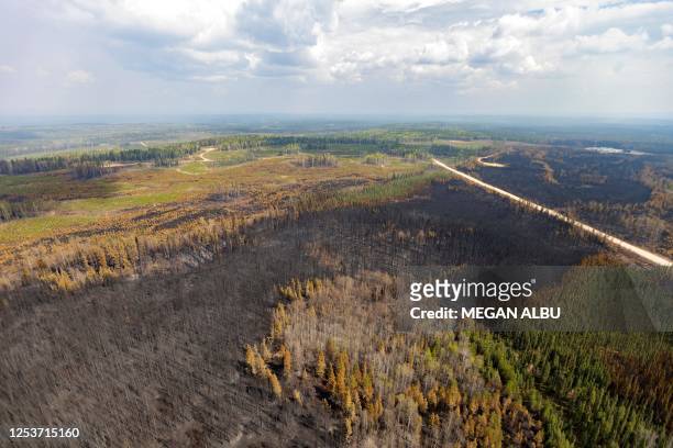 Burnt landscape caused by wildfires is pictured near Entrance, Wild Hay area, Alberta, Canada on May 10, 2023. Canada struggled on May 8 to control...