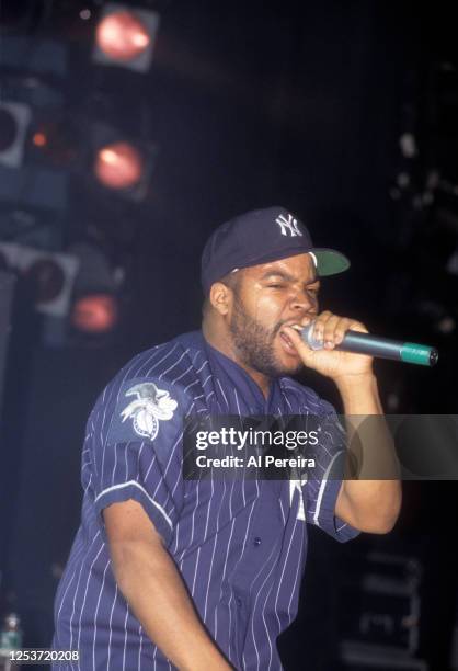 Rapper Ice Cube performs in a New York Yankees Starter brand jersey and cap at The Apollo Theater on February 22, 1992 in New York City.