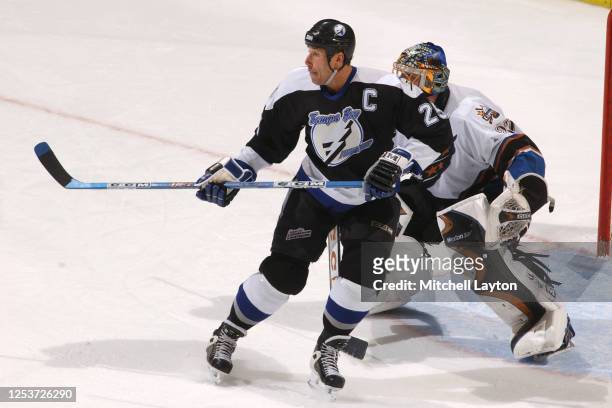 Dave Andreychuk of the Tampa Bay Lighting looks on during a NHL hockey game against the Washington Capitals at MCI Center on December 23, 2002 in...