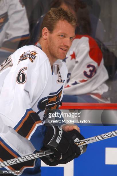 Calle Johansson of the Washington Capitals looks on before a NHL hockey game against the Buffalo Sabres at MCI Center on December 30, 2002 in...