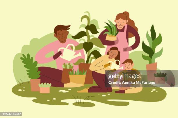 stockillustraties, clipart, cartoons en iconen met gemengd ras familie tuinieren samen - tuinieren