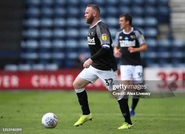 Wayne Rooney of Derby County during the Sky Bet Championship match between Preston North End and Derby County at Deepdale on July 01, 2020 in...