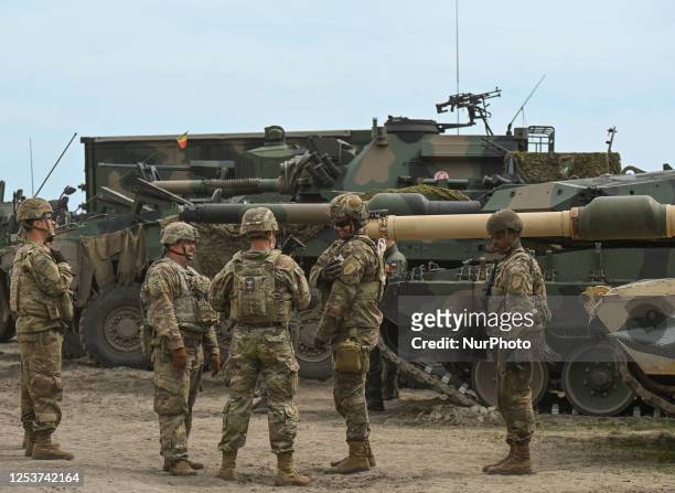 American soldiers are seen during a high-intensity training session at the Nowa Deba training ground on May 06, 2023 in Nowa Deba, Poland....