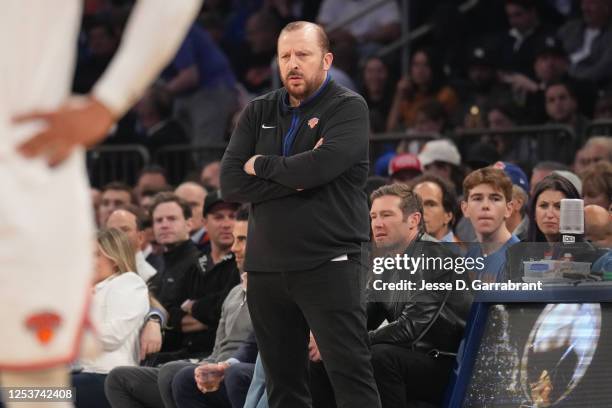 Head Coach Tom Thibodeau of the New York Knicks looks on during Game Five of the Eastern Conference Semi-Finals of the 2023 NBA Playoffs against the...