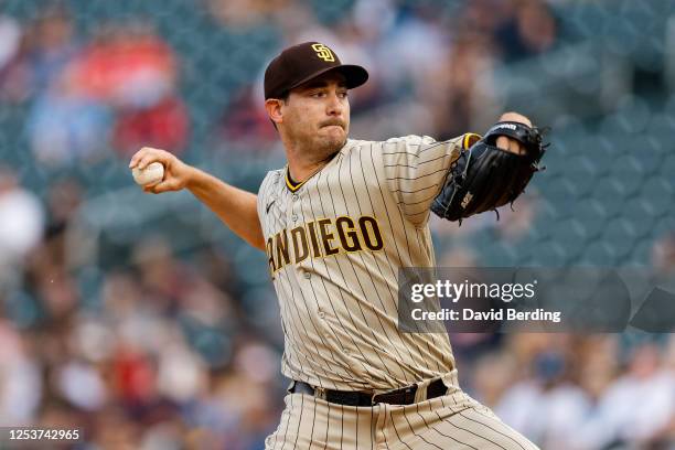 Seth Lugo of the San Diego Padres delivers a pitch against the Minnesota Twins in the second inning at Target Field on May 10, 2023 in Minneapolis,...