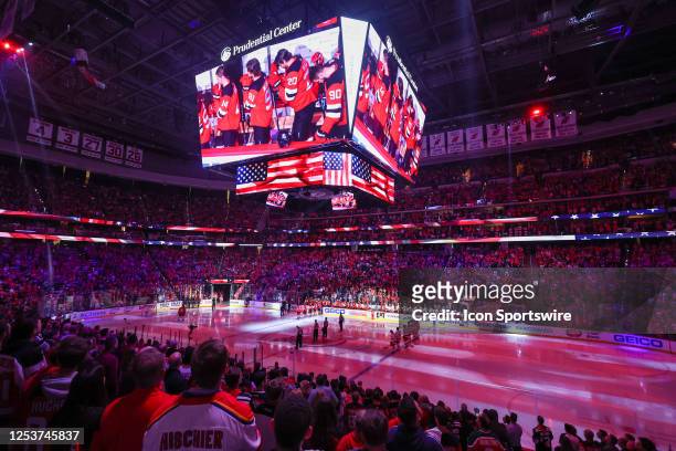 General view of the National Anthem during Game 4 of an Eastern Conference Second Round playoff game between the Carolina Hurricanes and the New...