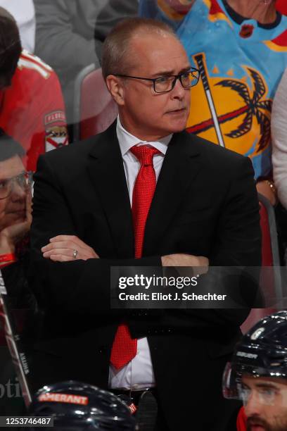 Florida Panthers Head Coach Paul Maurice monitors game progress from the bench against the Toronto Maple Leafs in Game Four of the Second Round of...