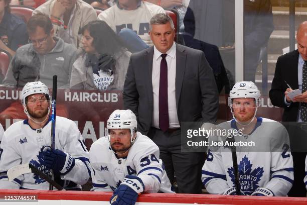 Head coach Sheldon Keefe of the Toronto Maple Leafs looks on during third-period action against the Florida Panthers in Game Four of the Second Round...