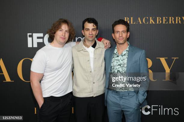 Matt Johnson, Jay Baruchel, and Glenn Howerton at the premiere of "BlackBerry" held at The London West Hollywood Kensington Ballroom on May 10, 2023...