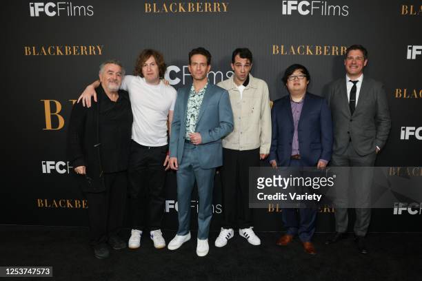 Saul Rubinek, Matt Johnson, Glenn Howerton, Jay Baruchel, SungWon Cho, and Rich Sommer at the premiere of "BlackBerry" held at The London West...