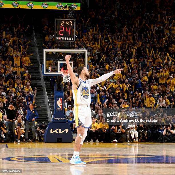 Stephen Curry of the Golden State Warriors reacts during Game 5 of the Western Conference Semi-Finals of the 2023 NBA Playoffs against the Los...