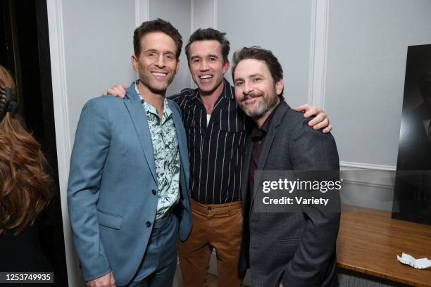 Glenn Howerton, Rob McElhenney, and Charlie Day at the premiere of "BlackBerry" held at The London West Hollywood Kensington Ballroom on May 10, 2023...