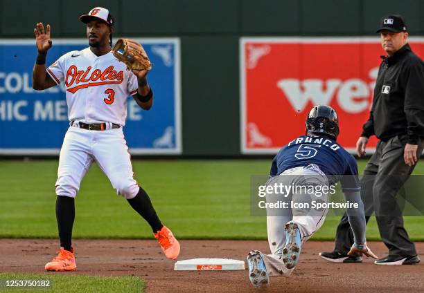 May 10: Tampa Bay Rays shortstop Wander Franco steal second base as Baltimore Orioles shortstop Jorge Mateo indicates a no throw during the Tampa Bay...