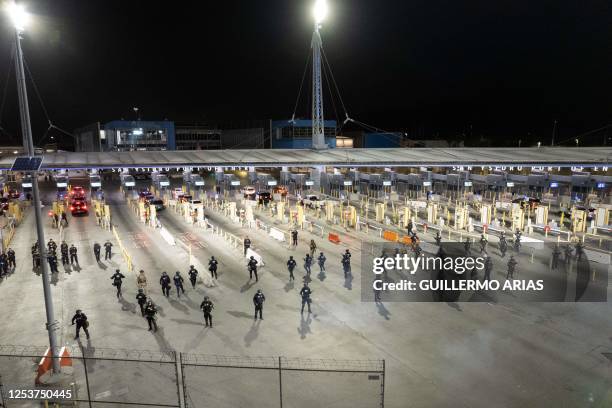 Aerial view of United States Customs and Border Protection officers running a drill at San Ysidro crossing port on the US-Mexico border seen from...