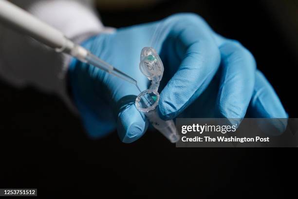 April 13: Shelise Brooks demonstrates pipetting viscous genomic DNA at the NIH Intramural Sequencing Center in Rockville, MD on April 13, 2023. "We...