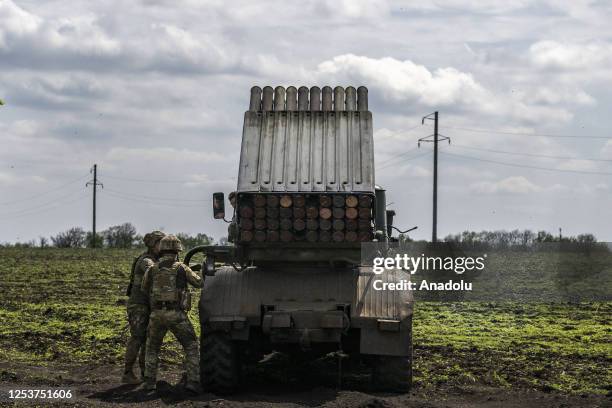 Artillery rocket units of the mechanized brigade of the Ukrainian Army conduct operation to target trenches of Russian forces through the Donetsk...