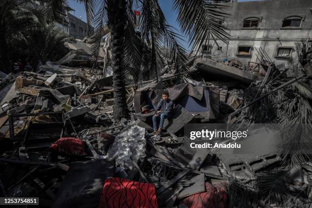 View of the house of al-Misri family, completely destroyed after Israel launched airstrikes to Beit Lahia district of Gaza City, Gaza on May 11, 2023.