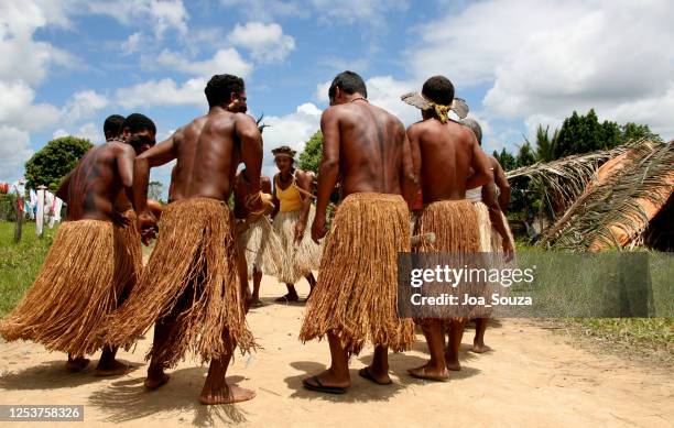 pataxo indians during village dance - amazon warriors stock pictures, royalty-free photos & images