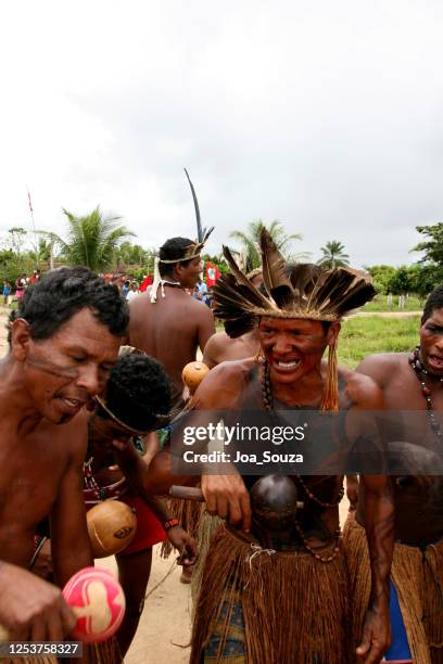 pataxo indians during village dance - amazon warriors stock pictures, royalty-free photos & images