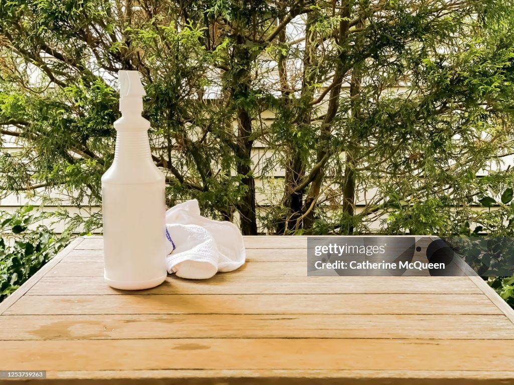 Restaurant disinfectant spray and cleaning cloth on counter