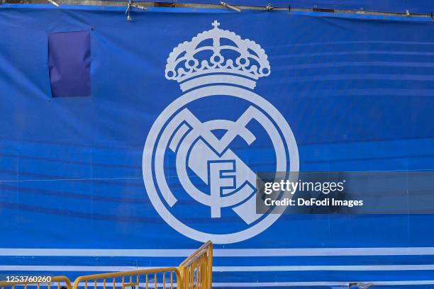 Logo Real Madrid prior to the UEFA Champions League semi-final first leg match between Real Madrid and Manchester City FC at Estadio Santiago...