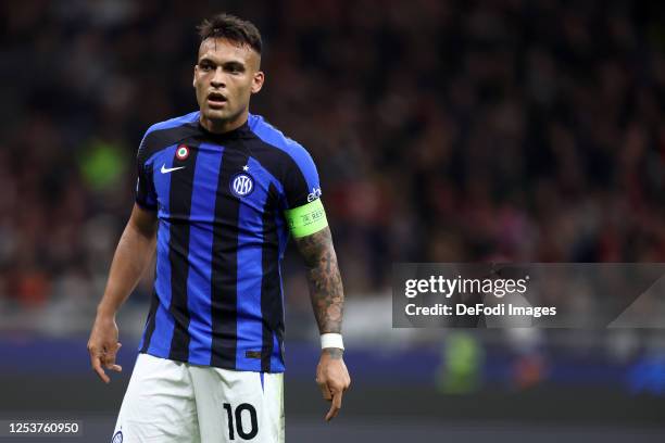 Lautaro Martinez of FC Internazionale looks on during the UEFA Champions League semi-final first leg match between AC Milan and FC Internazionale at...