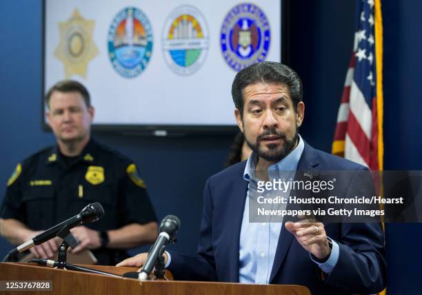 County Commissioner Adrian Garcia speaks during a joint press conference to discuss smart cost-effective investments in public safety Monday, June...