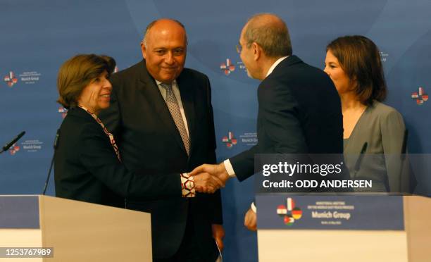 France's Foreign Minister Catherine Colonna, Egypt's Foreign Minister Sameh Shoukry, German Foreign Minister Annalena Baerbock and Jordan's Foreign...