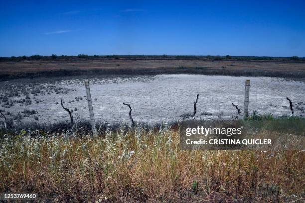 This picture taken on May 11, 2023 shows a dry pond, at the Donana National Park in Aznalcaraz, southern Spain. Spain's government today approved...