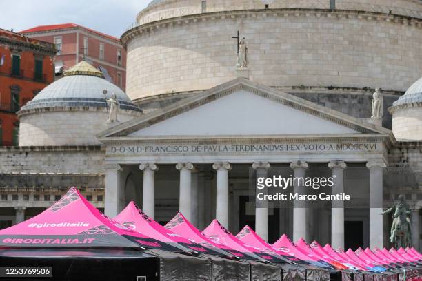 View of the Giro d'Italia village set up in Plebiscito square, during the six stage of the 106th Giro d'Italia 2023, 162 km between Naples to Naples...