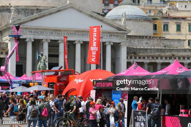 View of the Giro d'Italia village set up in Plebiscito square, during the six stage of the 106th Giro d'Italia 2023, 162 km between Naples to Naples...