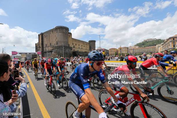 General view of the group of cyclists, during the six stage of the 106th Giro d'Italia 2023, 162 km between Naples to Naples on May 11, 2023. Behind...