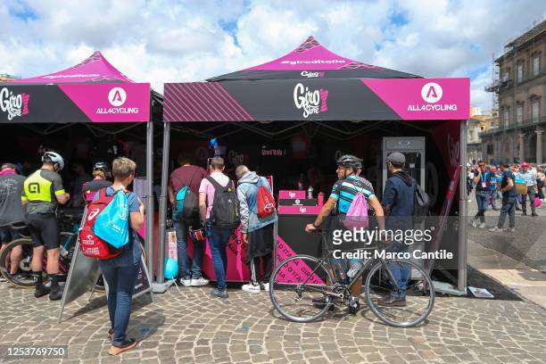 One of the stands of the Giro d'Italia village set up in Plebiscito square, during the six stage of the 106th Giro d'Italia 2023, 162 km between...