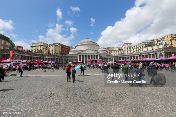 View of the Giro d'Italia village set up in Plebiscito square, during the six stage of the 106th Giro d'Italia 2023, 162 km between Naples to Naples...