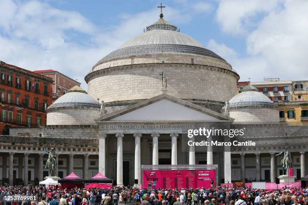 View of the Giro d'Italia village set up in Plebiscito square, during the six stage of the 106th Giro d'Italia 2023, 162 km between Naples to Naples...