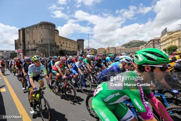 General view of the group of cyclists, during the six stage of the 106th Giro d'Italia 2023, 162 km between Naples to Naples on May 11, 2023. Behind...