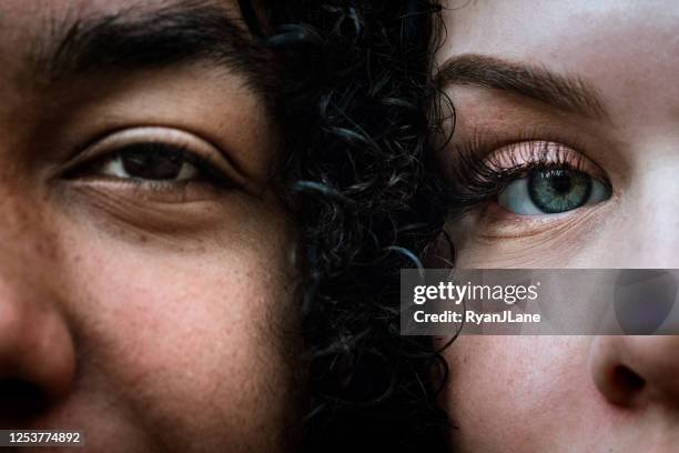 multiracial young adult couple portrait - black white imagens e fotografias de stock